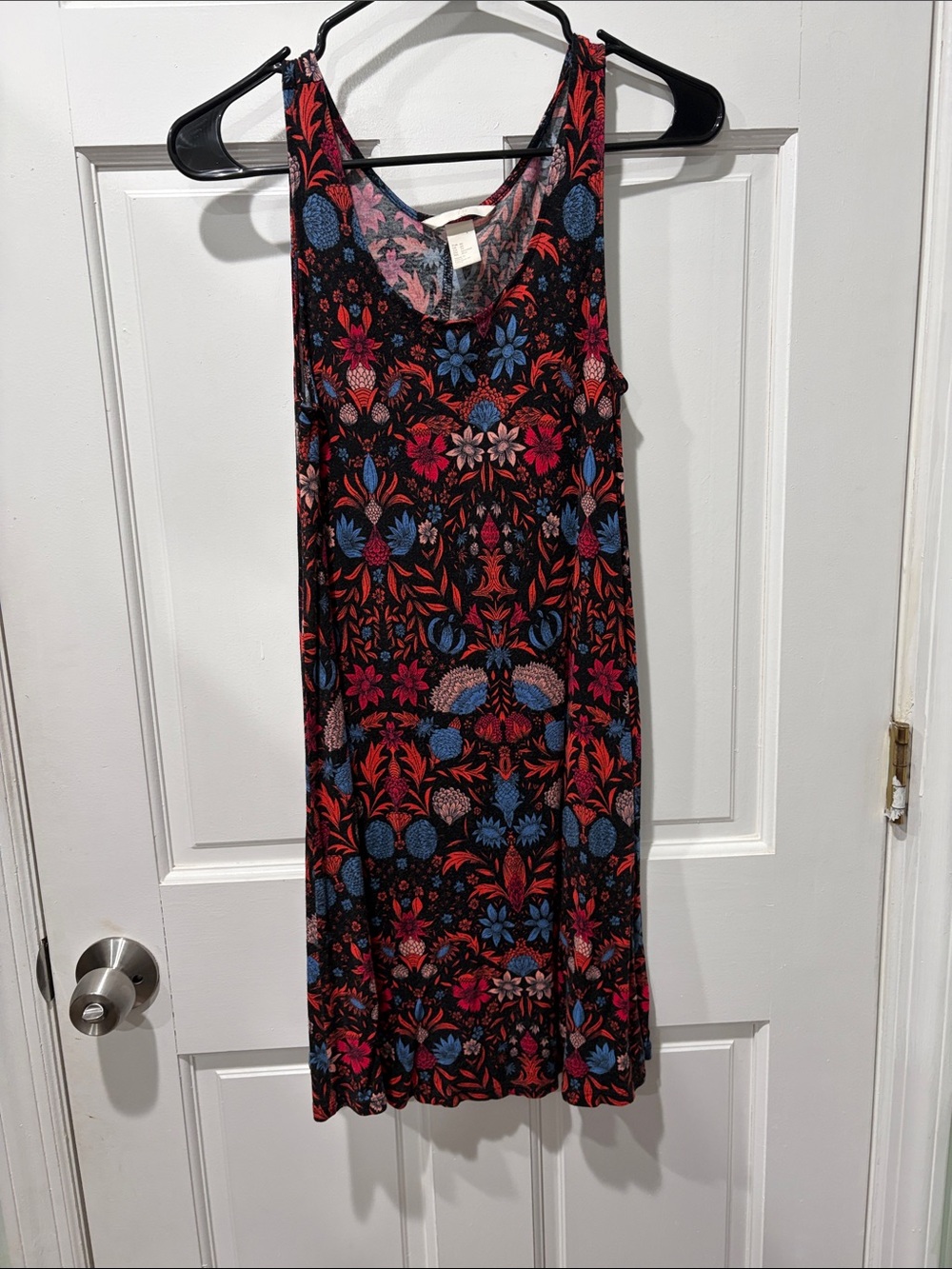 Sleeveless Floral Print Tank Dress - Black with Red & Blue Floral